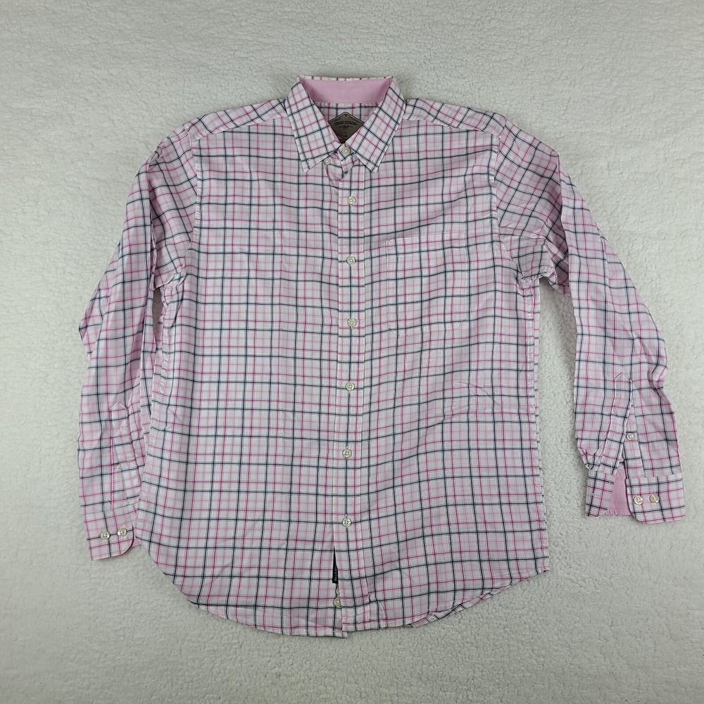 Bill Khakis Dress Shirt Mens Medium Pink Black Plaid Classic Fit Button Up